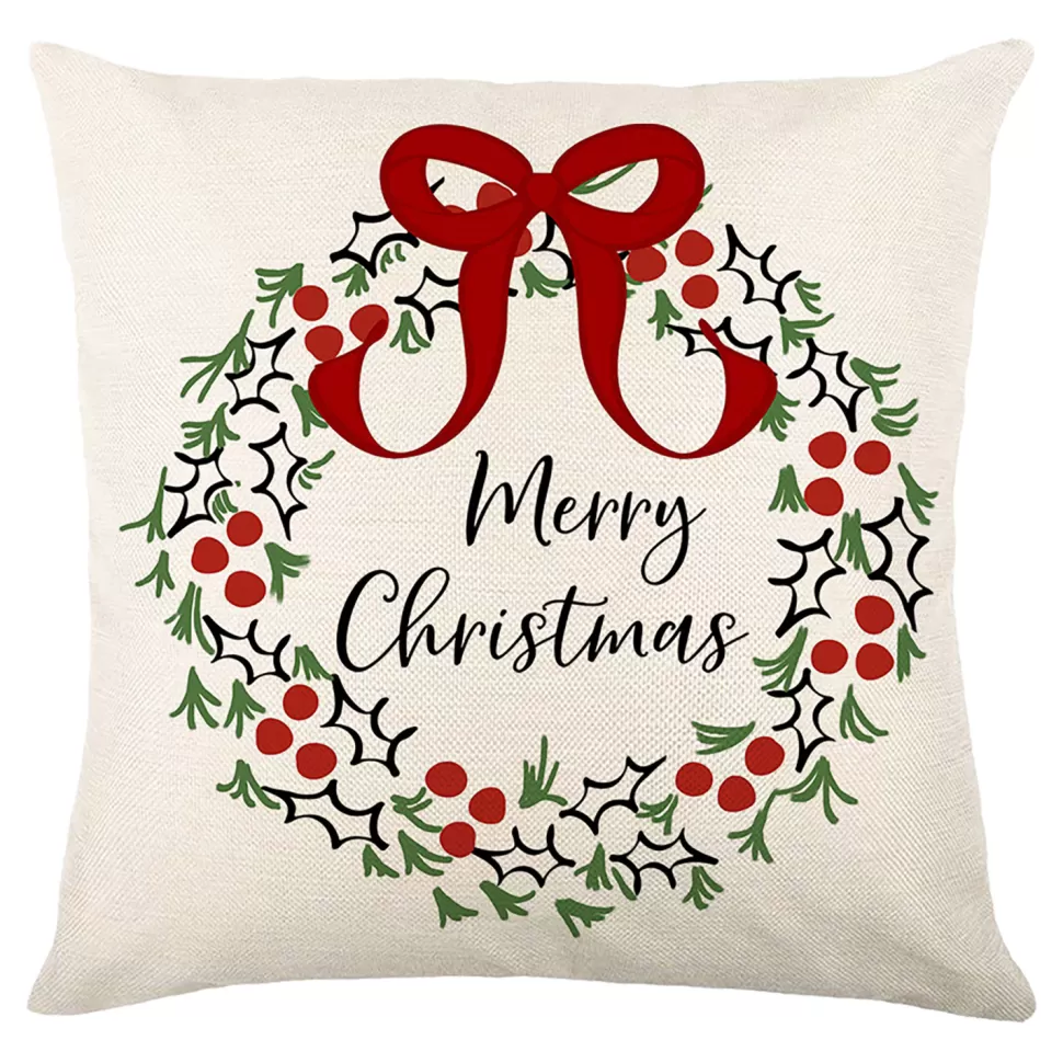 Christmas Forever CUSHION DECORATIVE 16″x16″ “MERRY CHRISTMAS” IVORY/RED/GREEN