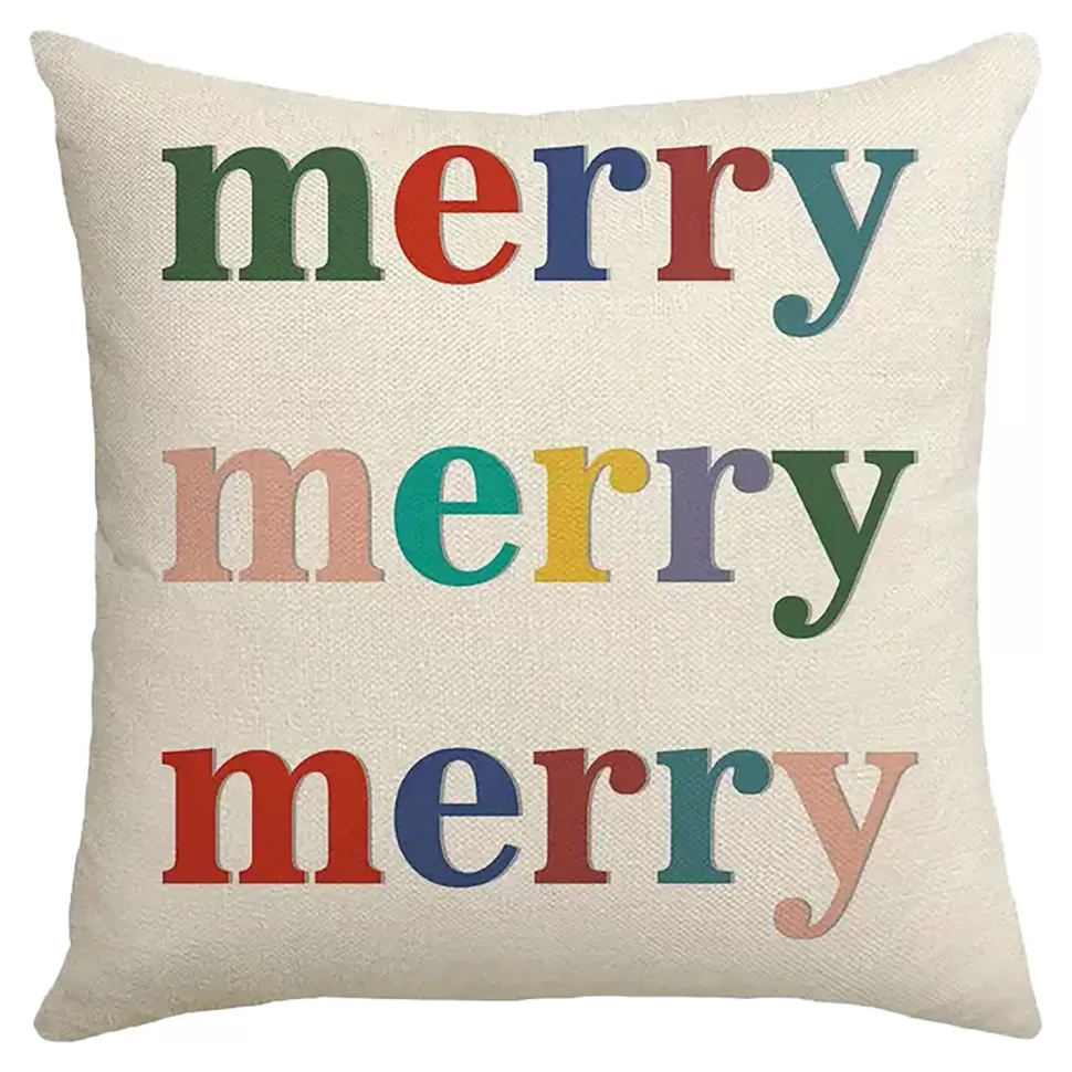 Christmas Forever CUSHION DECORATIVE 16″x16″ “MERRY” IVORY/MULTI