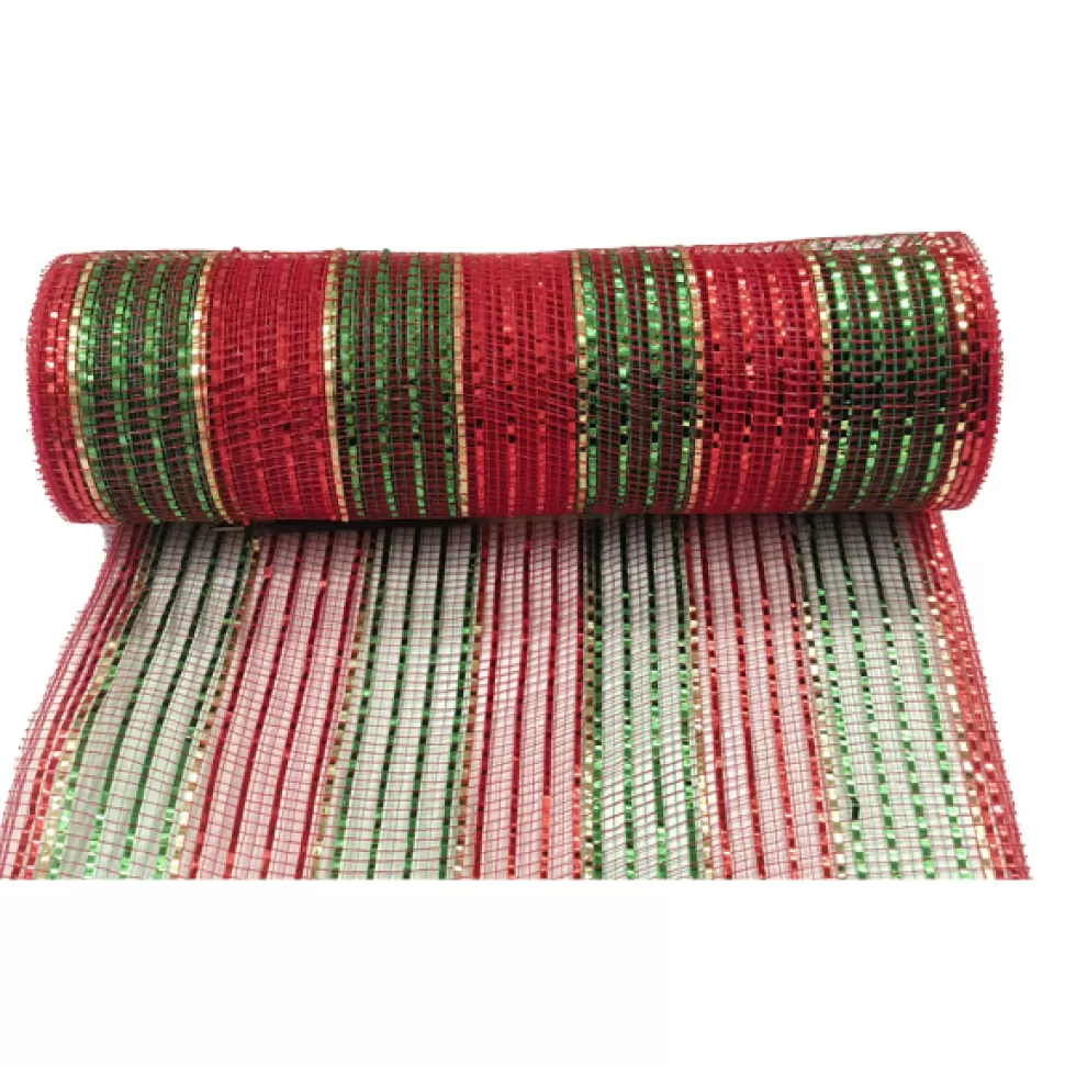 Christmas Forever DECOR MESH 10x10 YDS LN RED EMERALD W/ RED, EMERALD & CHAMAPAGNE METALLIC