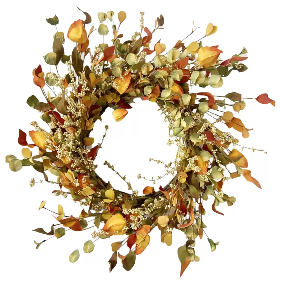 Christmas Forever FALL WREATH MIXED LEAF W/ MINI CLUSTER BERRIES 21.5″ ORANGE/MULTI