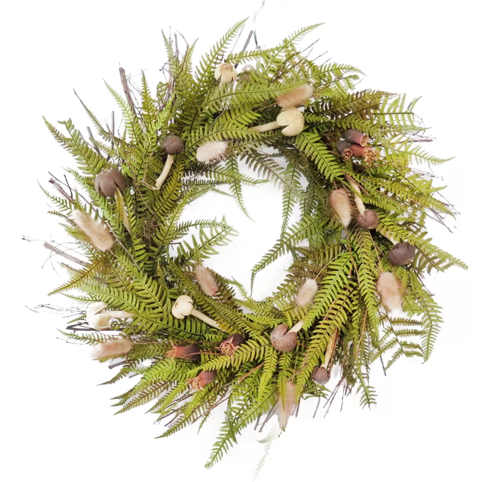 Christmas Forever FALL WREATH MUSHROOMS, FERN LEAF & TWIGS 18” GREEN/MULTI