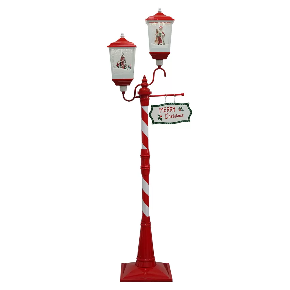 Christmas Forever FLOOR DOUBLE LANTERN WITH SANTA & SNOWMAN SEE-SAW SNOWING SCENE 79″