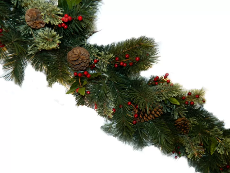 Christmas Forever GARLAND NAT. MIXED NEEDLE PINE 6′ X 14″ 120 TIPS W/ RED BERRIES & CONES