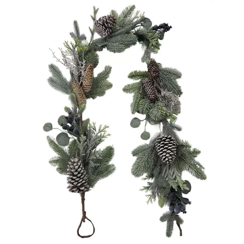 Christmas Forever GARLAND PINE 72″ MIXED PINE W /WHITE WASHED PINE CONES & BLUE BERRY