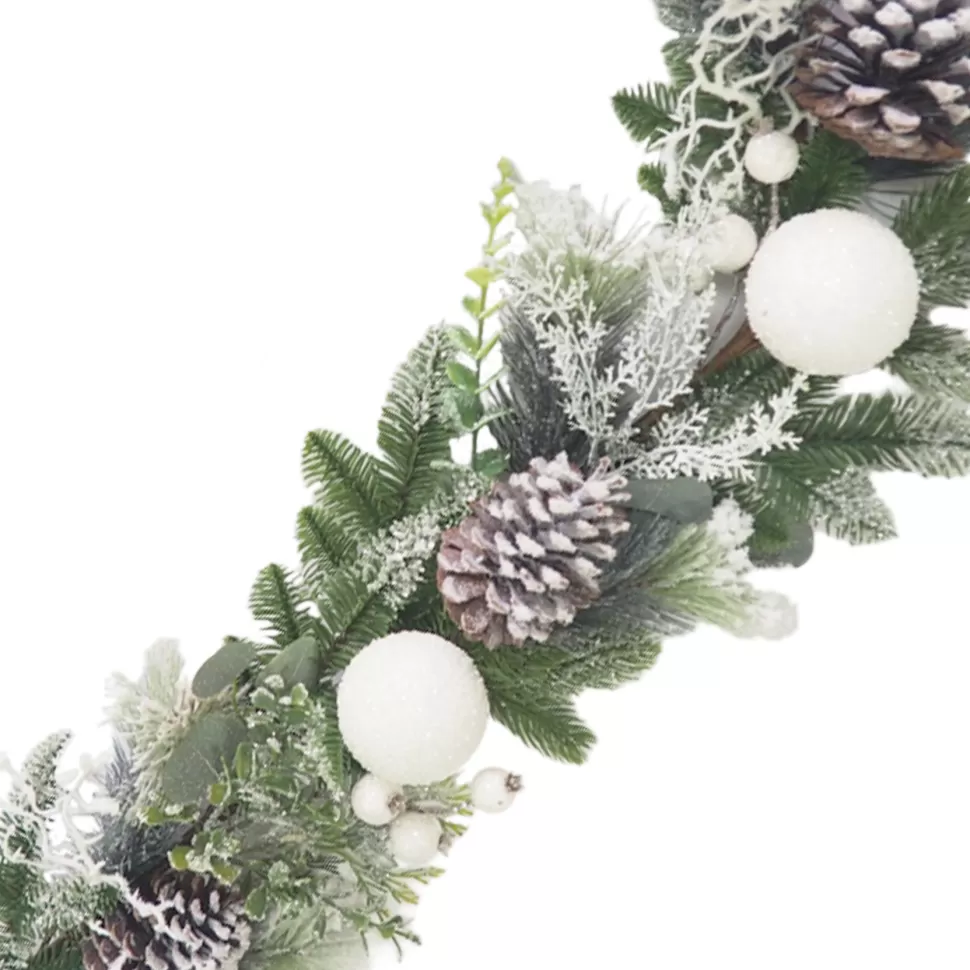 Christmas Forever GARLAND PINE FROSTED 72″ MIXED PINE W/ PINE CONES & SNOW BALLS