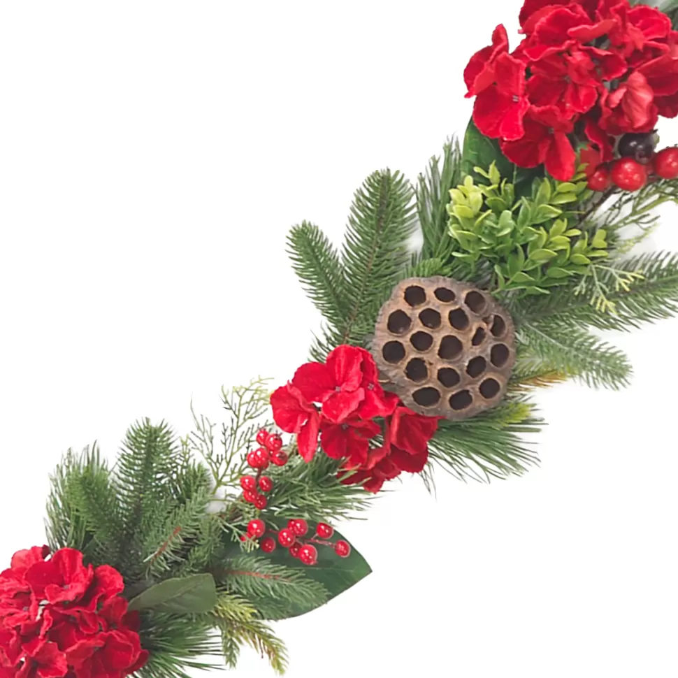 Christmas Forever GARLAND RED HYDRANGEA W/ LOTUS PODS, MIXED GREENS & RED BERRIES