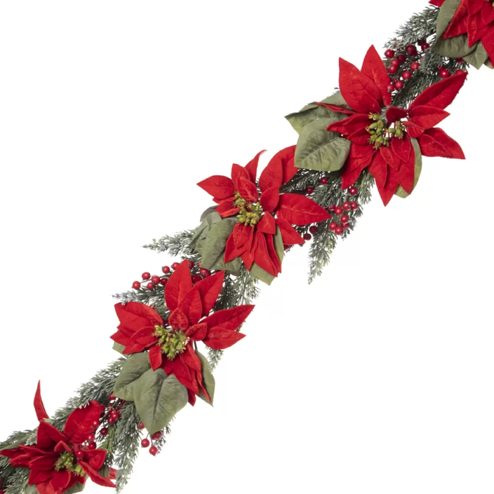 Christmas Forever GARLAND RED POINSETTIA 48″ W/ MIXED GREENS & BERRIES