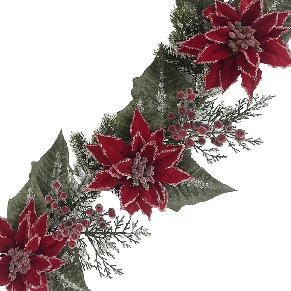 Christmas Forever GARLAND RED POINSETTIA 60″ ICED W/ MIXED GREENS & ICED BERRIES