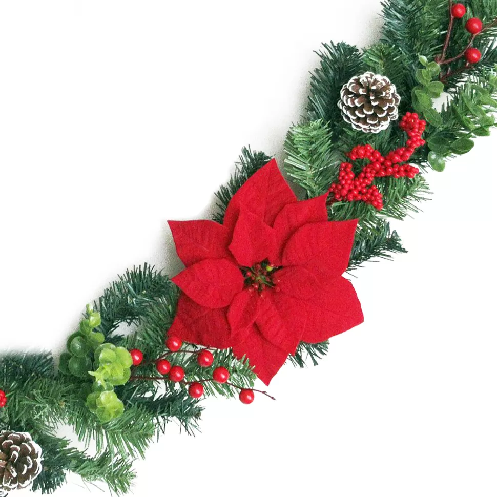 Christmas Forever GARLAND RED POINSETTIA 60″ W/RED BERRIES EUCALYPTUS & CONES