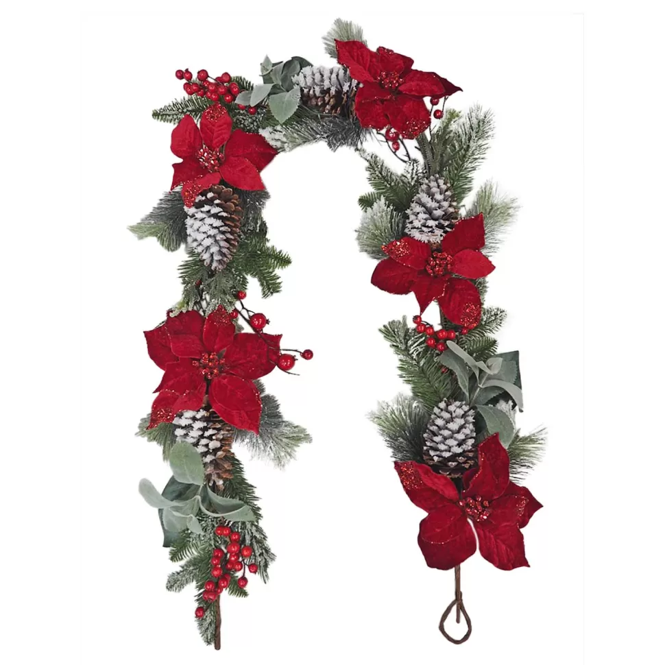Christmas Forever GARLAND RED POINSETTIA 72″ FLOCKED PINE CONE RED/GREEN/WHITE