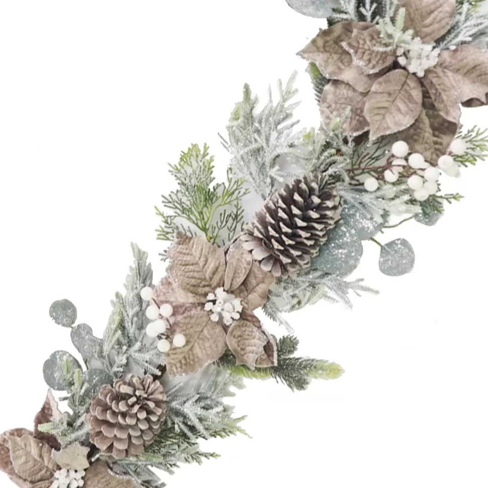 Christmas Forever GARLAND TAUPE POINSETTIA 72″ FROSTED MIXED GREENS & WHITE BERRIES