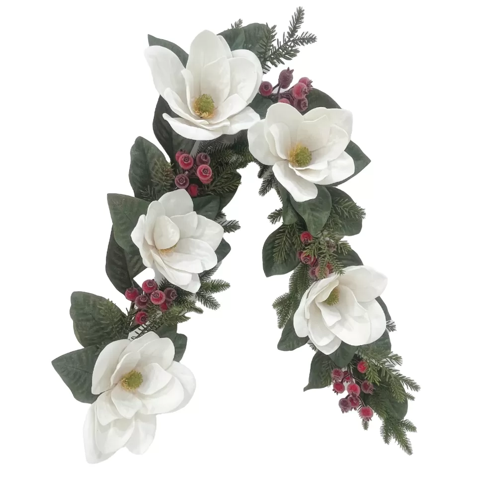 Christmas Forever GARLAND WHITE MAGNOLIA 60″ W/MIXED GREENS & ICED RED BERRIES
