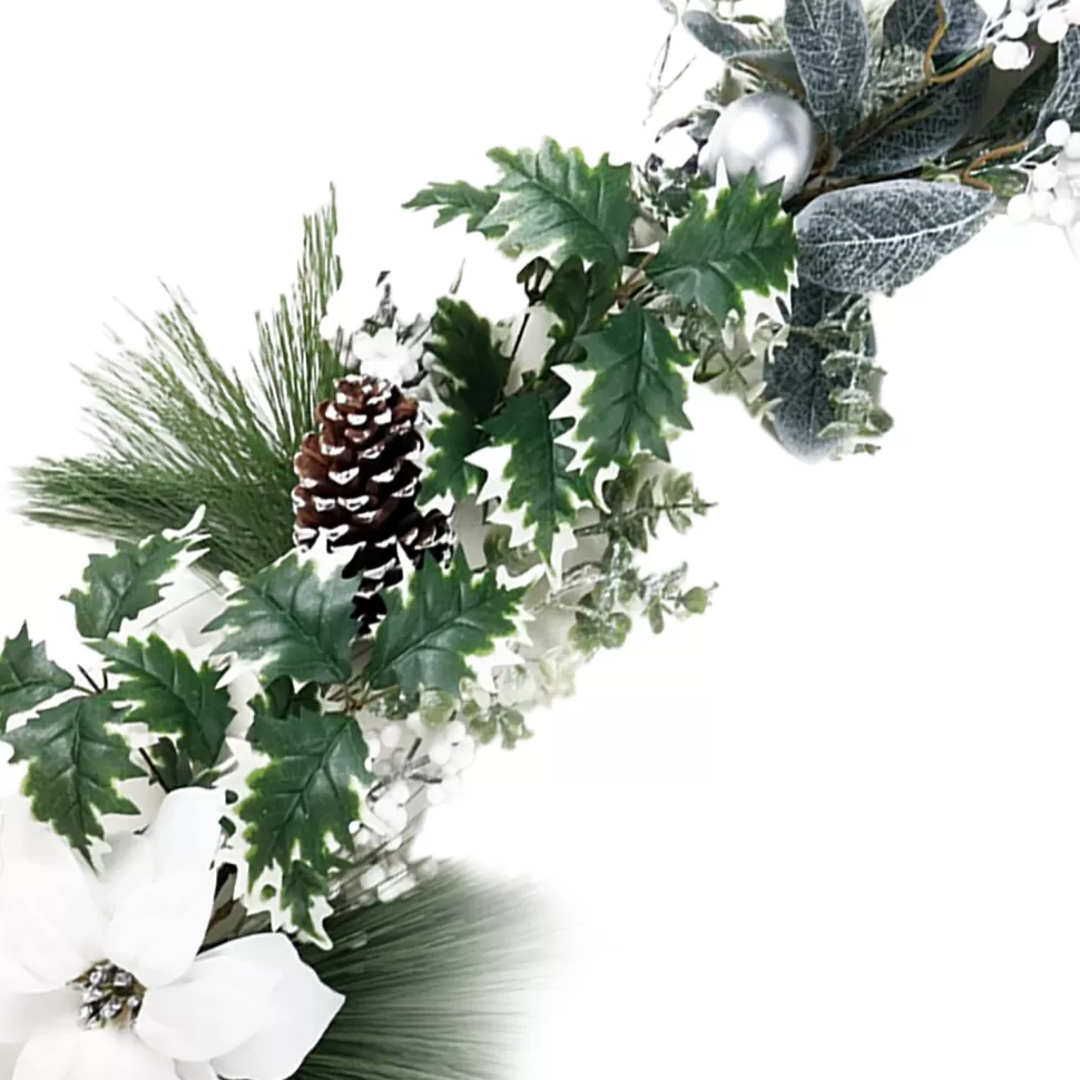Christmas Forever GARLAND WHITE POINSETTIA 60″ W/ MIXED PINE, HOLLY & SILVER BALLS