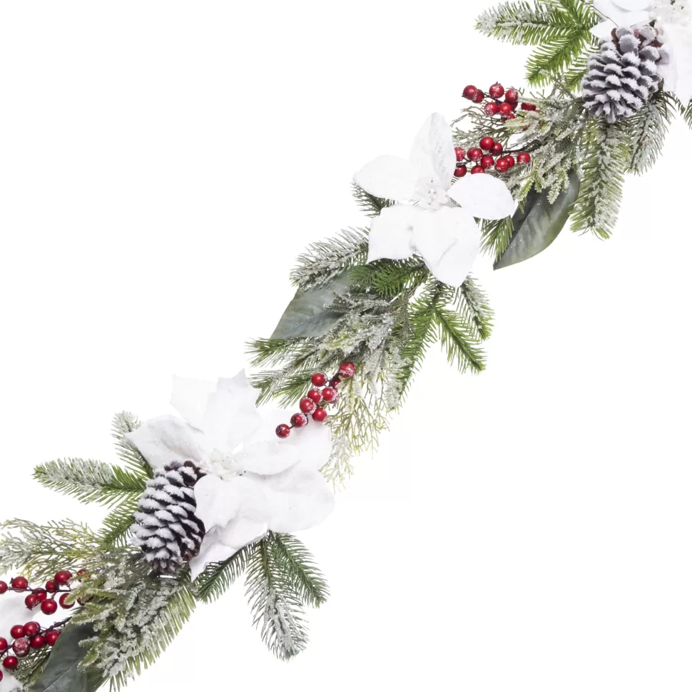 Christmas Forever GARLAND WHITE POINSETTIA 72″ FROSTED W/ MIXED GREENS & BERRIES W/ 2 PINE CONES