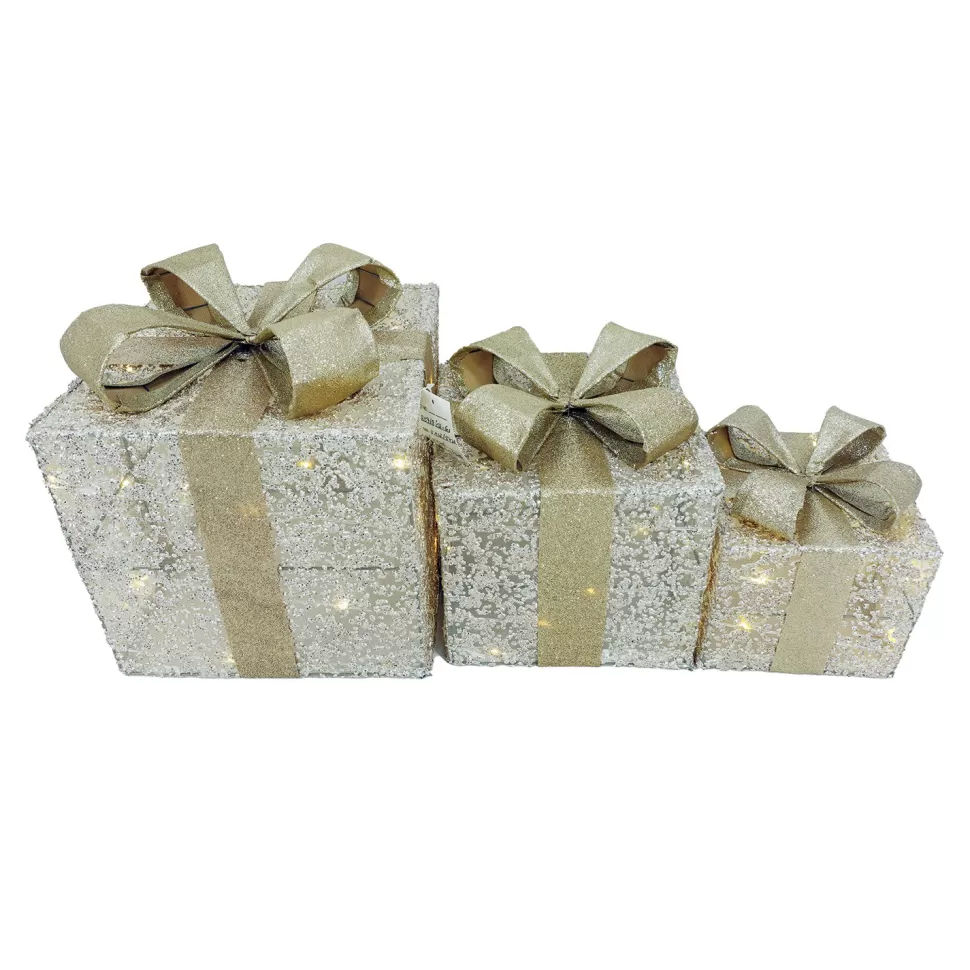 Christmas Forever GIFT BOX TABLE DECOR 3PC SET 6”+10L/8”+20L/10″+20L CHAMPAGNE GOLD FABRIC W/ GLITTER & BOW W/ TIMER