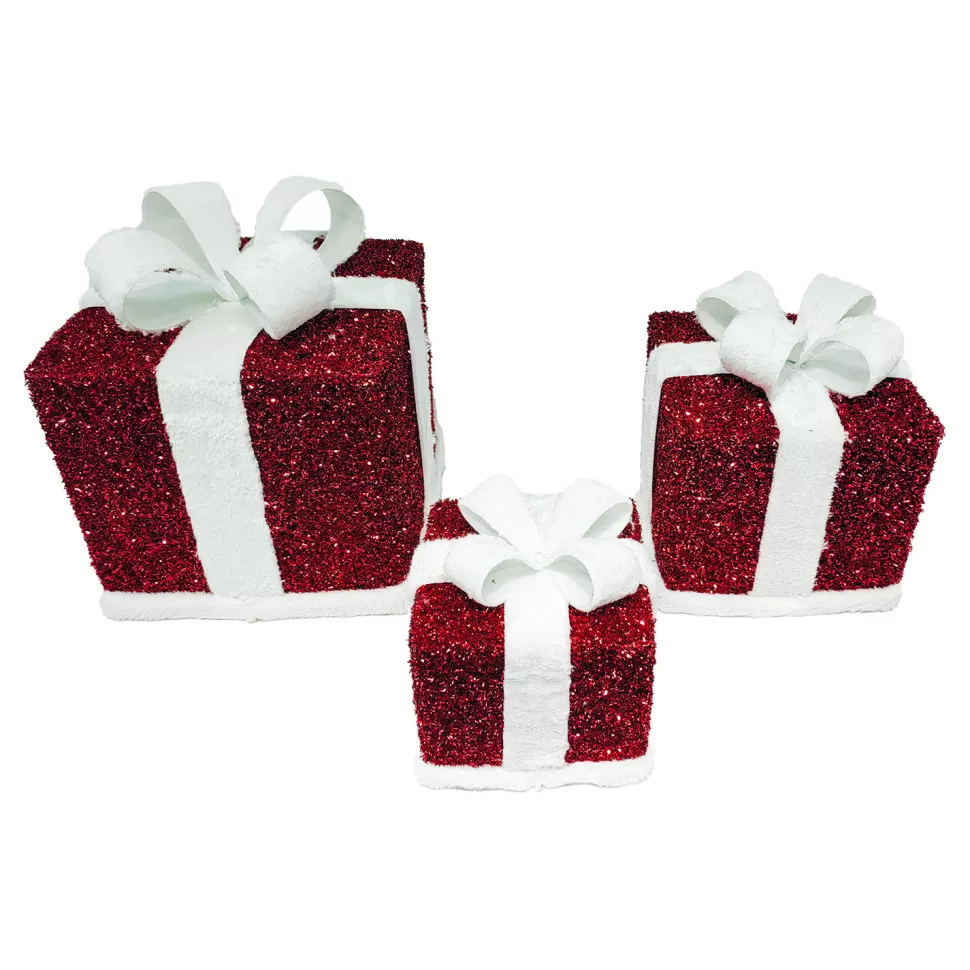 Christmas Forever GIFT BOX TABLE DECOR 3PC SET 6”/8”/10” RED/WHITE TENSIL W/ GLITTER