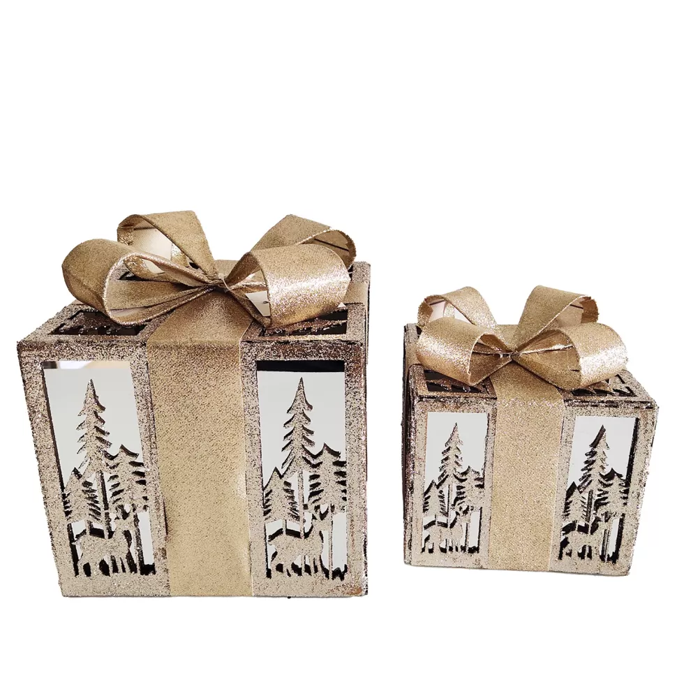 Christmas Forever GIFT BOX TABLE DECOR 6″/8″ 2PC SET CHAMPAGNE GOLD W/ GLITTER BOW