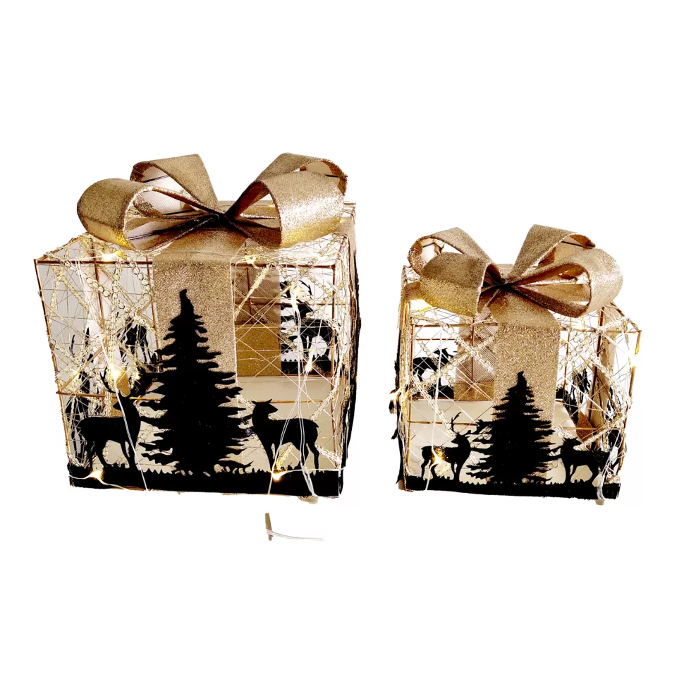 Christmas Forever GIFT BOX WIRE 6″/8″ WITH LED LIGHTS & DECORATION SET OF 2