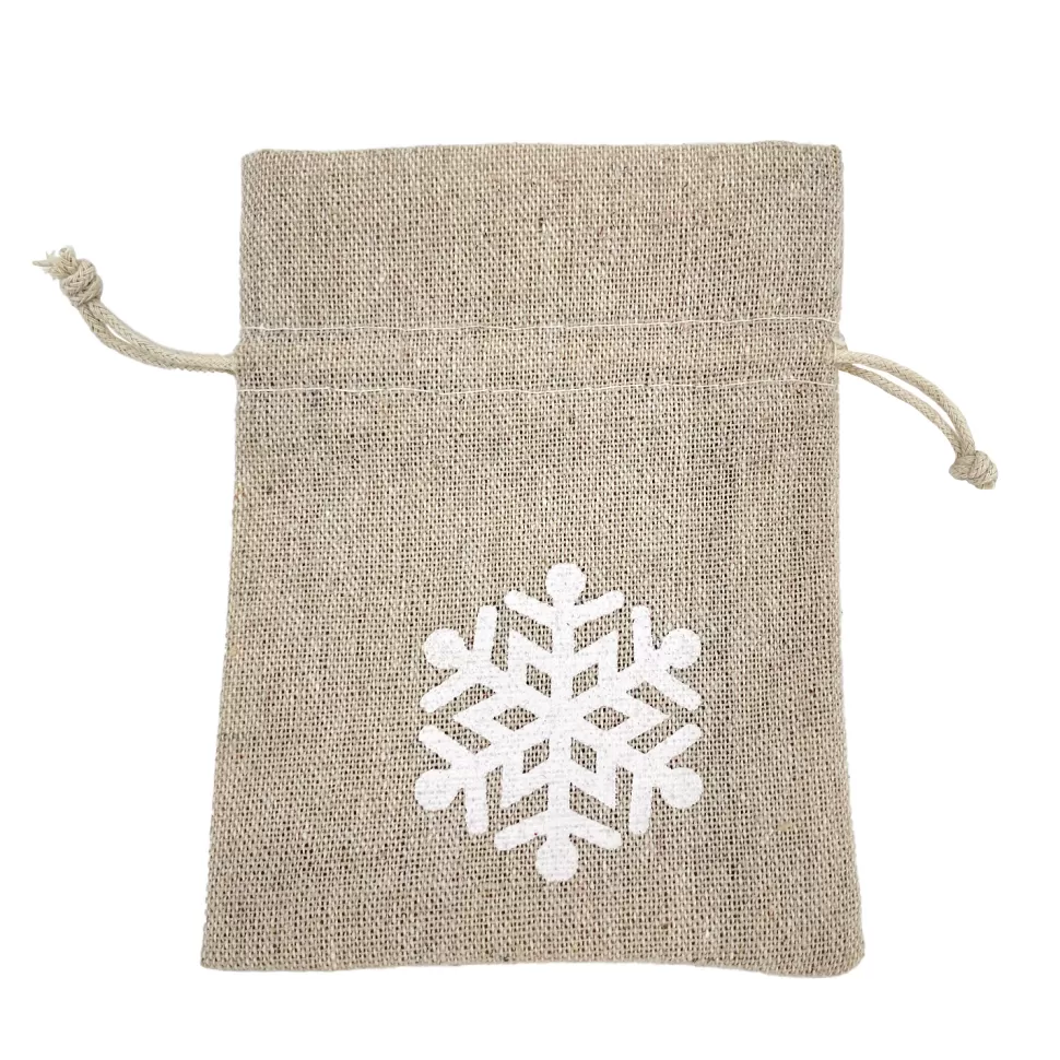 Christmas Forever GIFT SACK NATURAL 5″ W/ WHITE SNOWFLAKE 5″ BURLAP