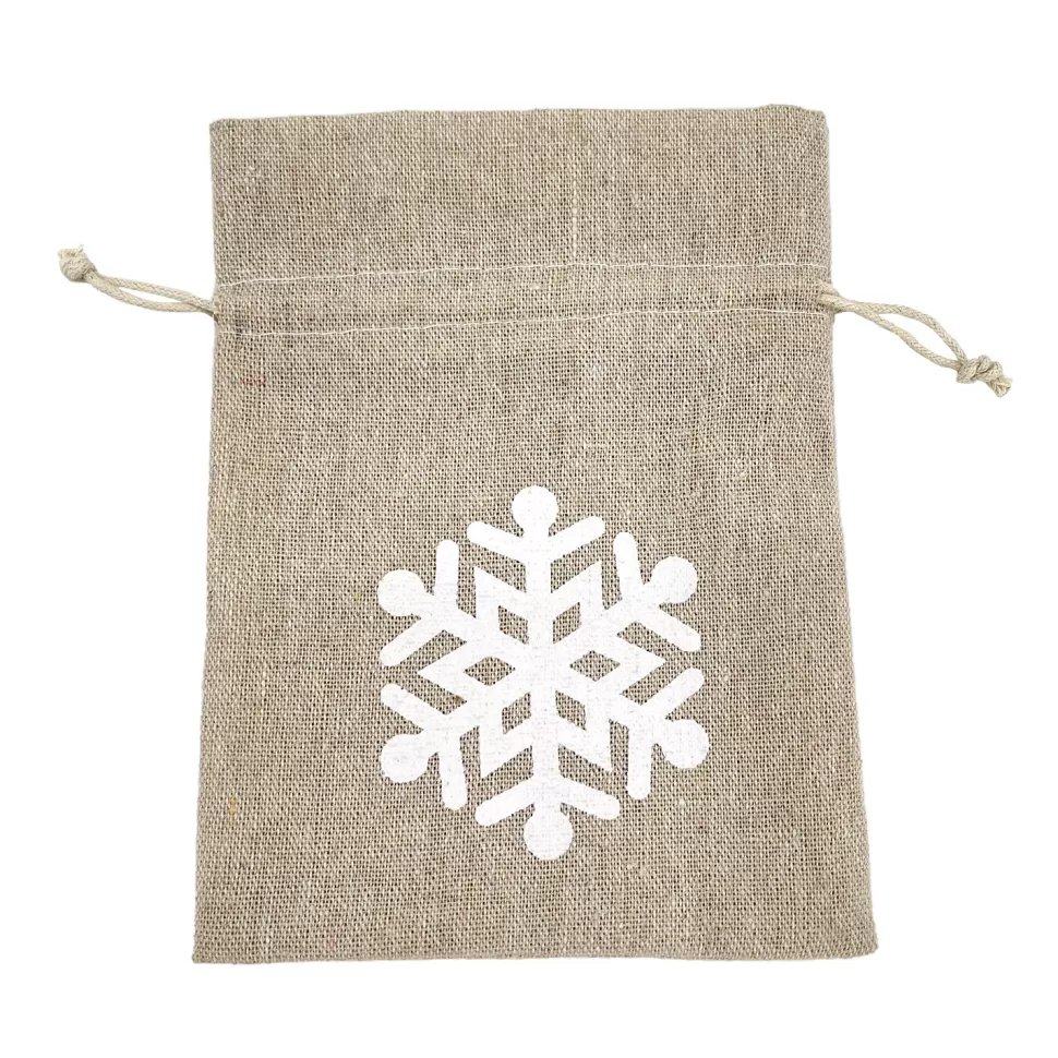 Christmas Forever GIFT SACK NATURAL 6.5″ W/ WHITE SNOWFLAKE BURLAP