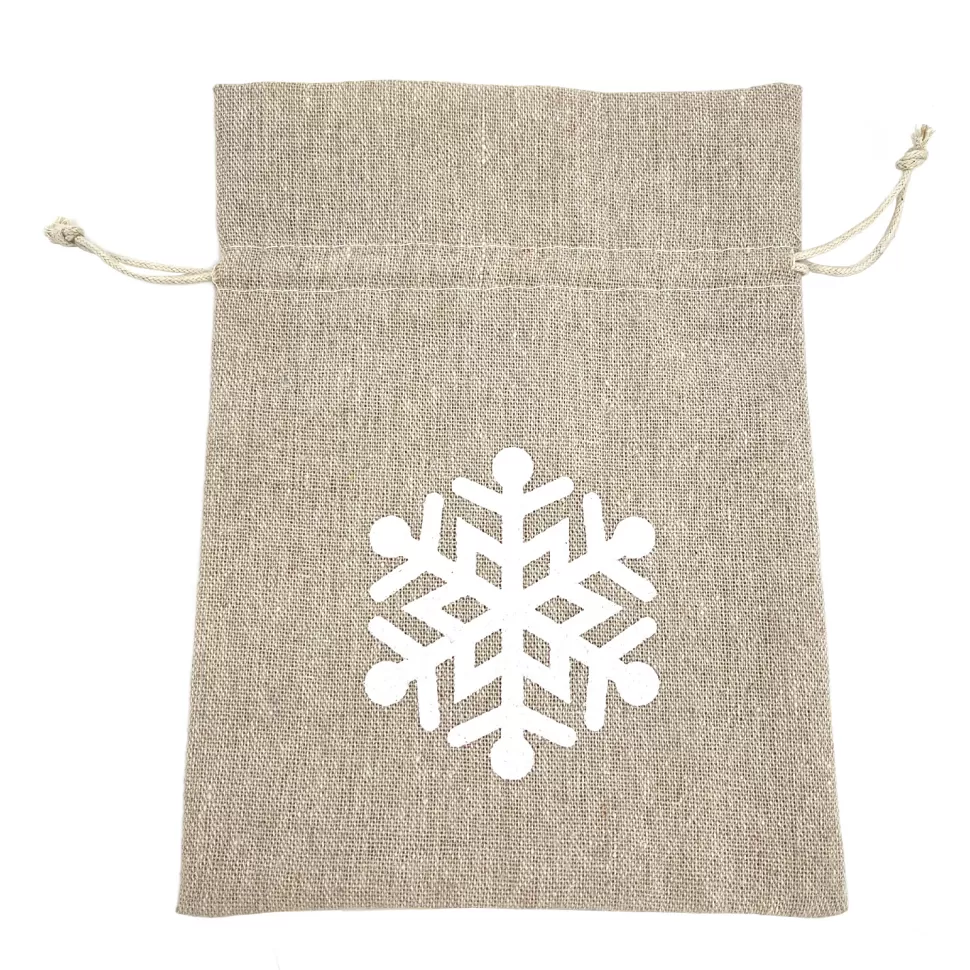 Christmas Forever GIFT SACK NATURAL 8″ W/ WHITE SNOWFLAKE BURLAP