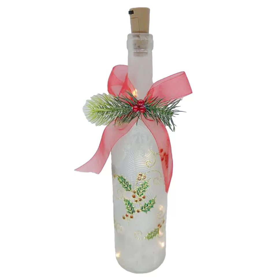 Christmas Forever GLASS BOTTLE TABLE DECOR W/ 10 LED LIGHTS 11.5″ WHITE HOLY PATTERN