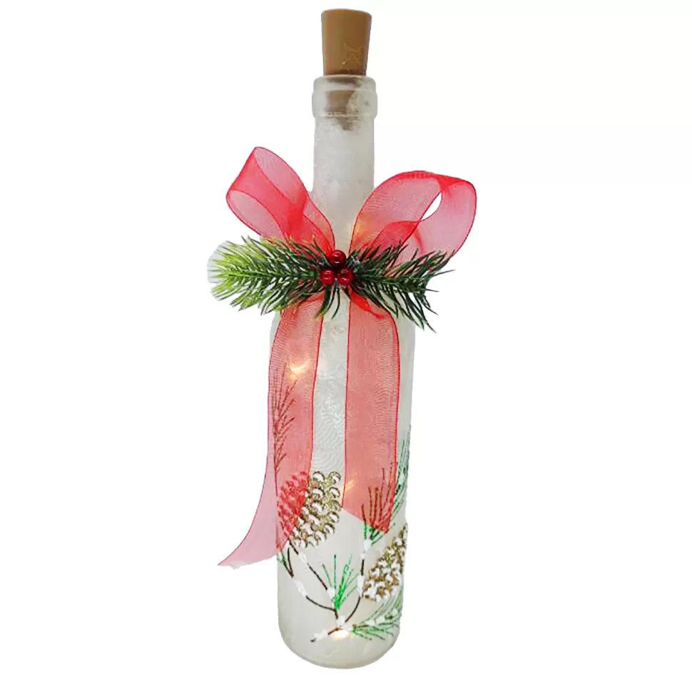 Christmas Forever GLASS BOTTLE TABLE DECOR W/ 10 LED LIGHTS 11.5″ WHITE SNOWMAN PATTERN