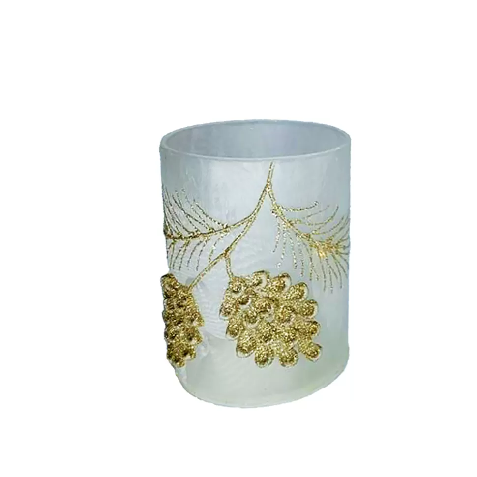 Christmas Forever GLASS VASE 4″ FROSTED W/ GOLD CONES