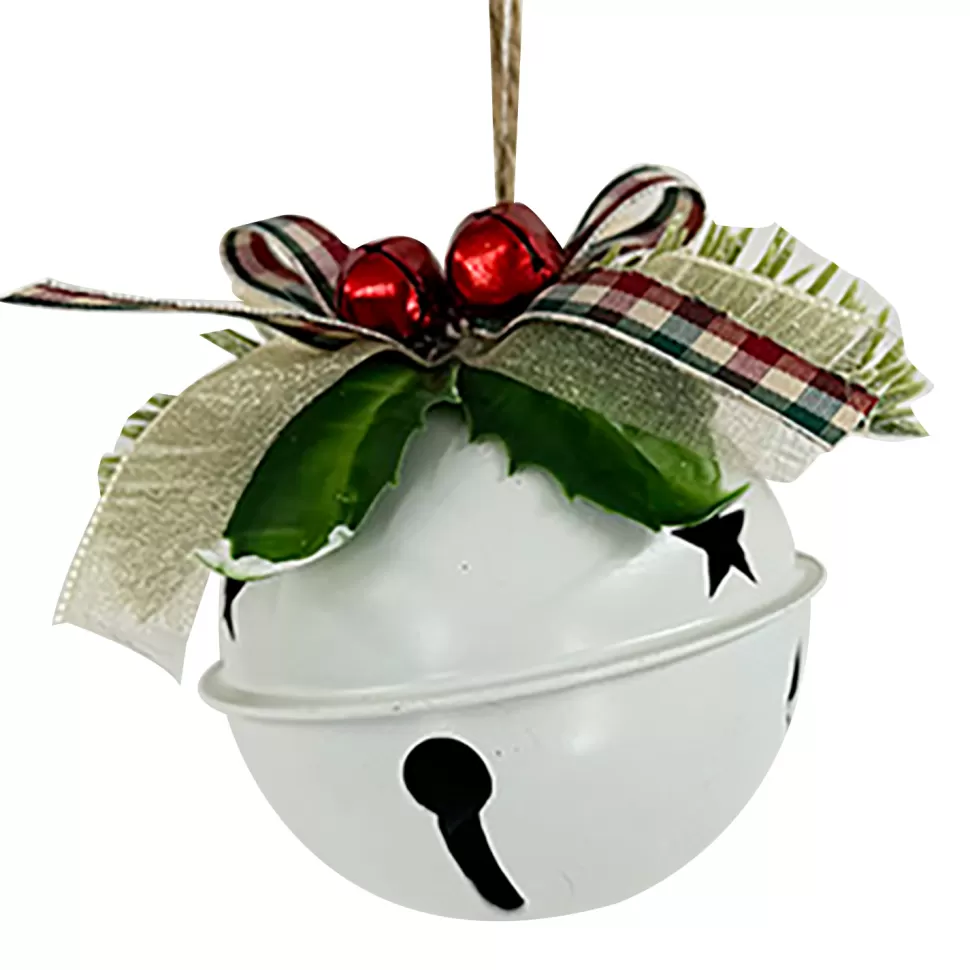 Christmas Forever JINGLE BELL WHITE SHINY 3″ W/ PINE & SHEER BOW