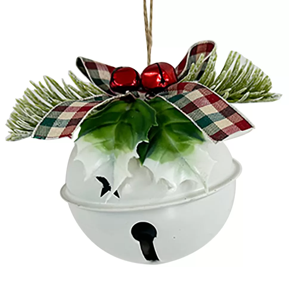 Christmas Forever JINGLE BELL WHITE SHINY 3″ W/ RED/GREEN BOW