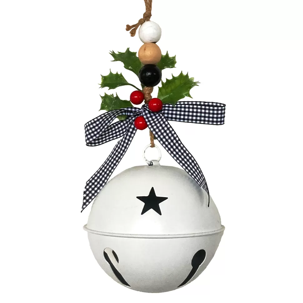 Christmas Forever JINGLE BELL WHITE SHINY 5.5″ W/ RIBBON & HOLLY BERY HANGER