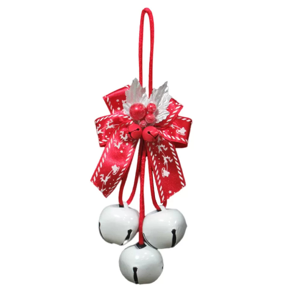 Christmas Forever JINGLE BELL WHITEx3 35MM W/ RED-WHITE RIBBON BOW, RED BERRIES/MINI BELLS & SILVER LVS.