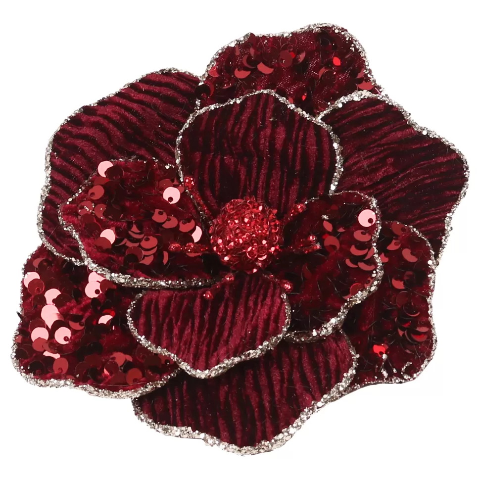 Christmas Forever MAGNOLIA HEAD BURGUNDY 6″ VELVET W/ SEQUIN & CLIP