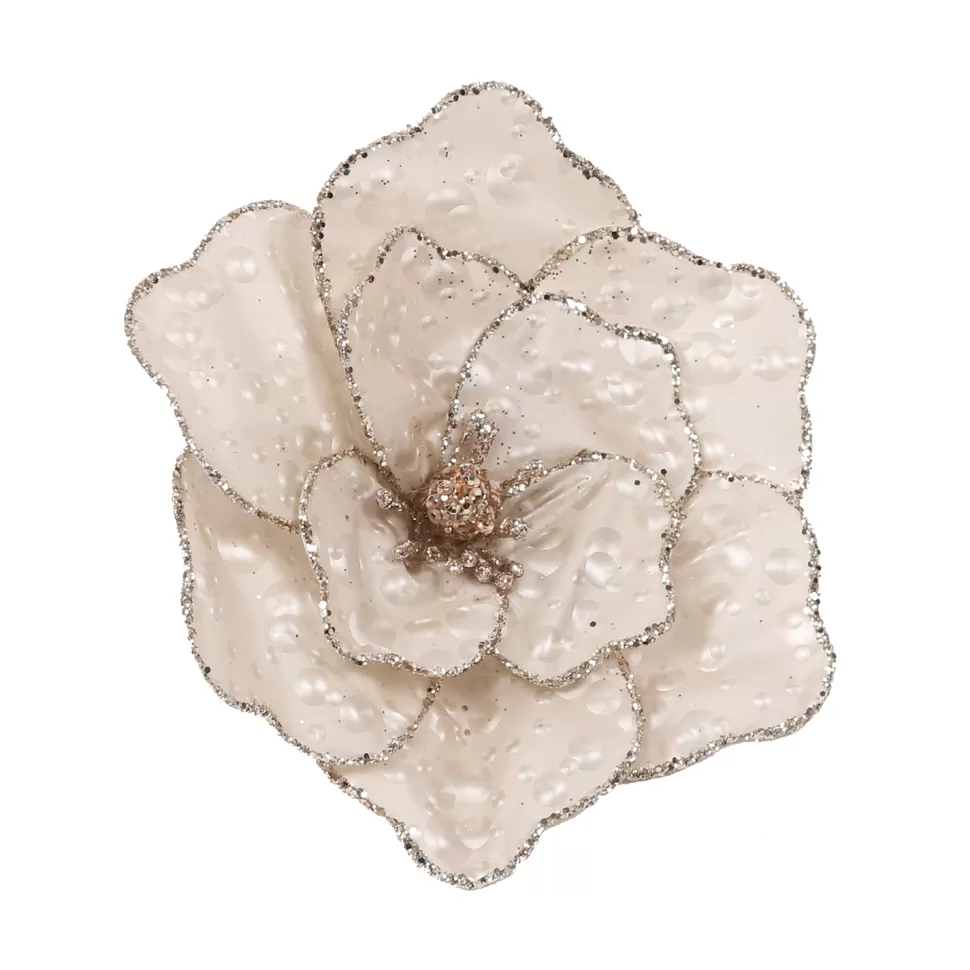 Christmas Forever MAGNOLIA HEAD IVORY 6″ VELVET W/ GLITR. EDGE & CLIP