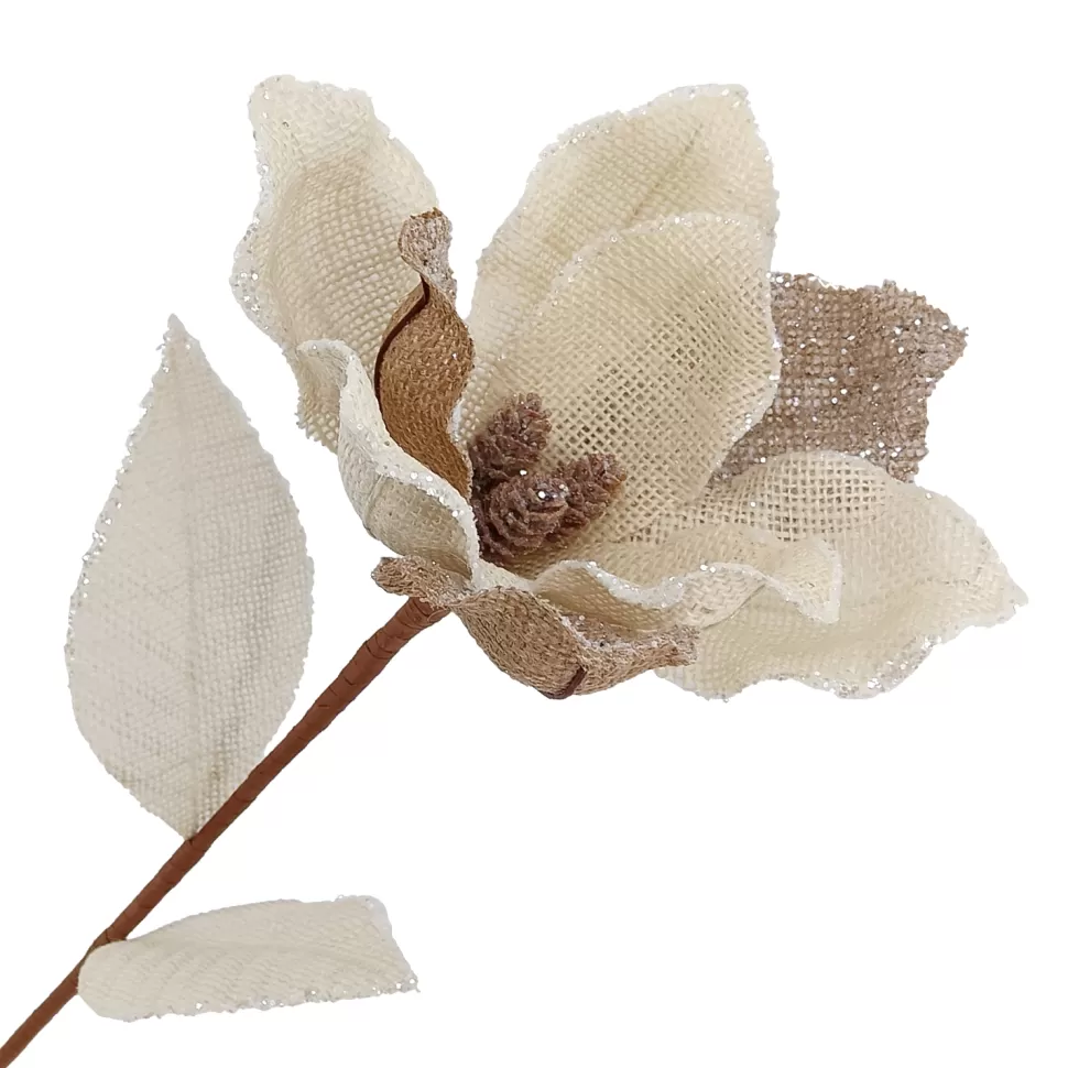 Christmas Forever MAGNOLIA STEM BURLAP 28″ NATURAL/CREAM LEAF W/ PINE GLITTER