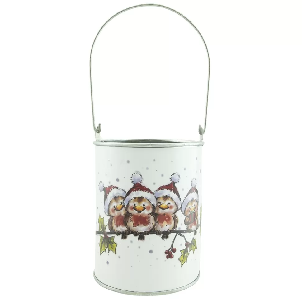 Christmas Forever METAL CAN 4.5″ WHITE W/BIRDS WITH SNOWMAN HAT ON BRANCH PICTURE