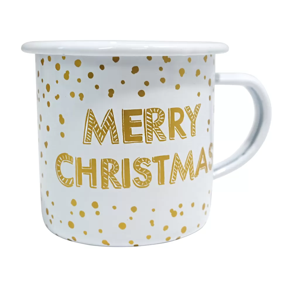 Christmas Forever METAL ENAMEL MUG 3″ MERRY CHRISTMAS GOLD/WHT