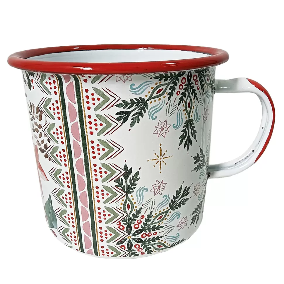 Christmas Forever METAL ENAMEL MUG 4″ NORDIC SNOWFLAKES