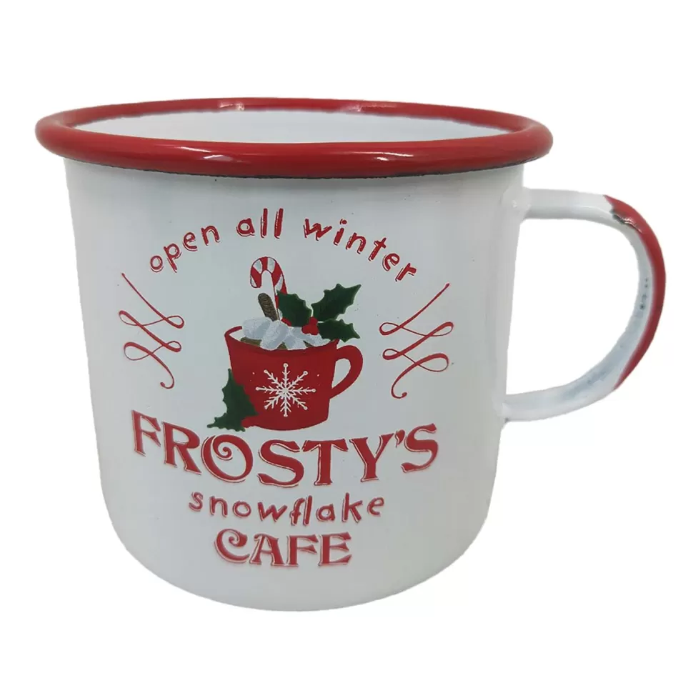 Christmas Forever METAL ENAMEL MUG 4″ W/ “FROSTY’S SNOWFLAKE CAFE”