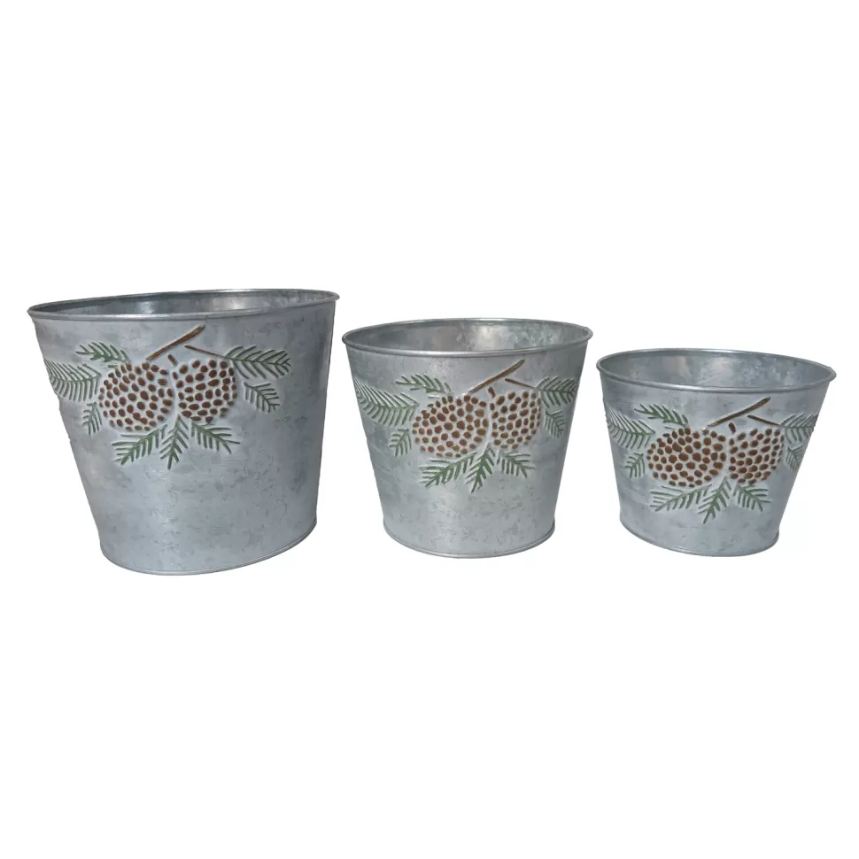 Christmas Forever METAL POT W/ PINECONES GALVANIZED 4.2″ | 5.1″ | 6” 3PC SET