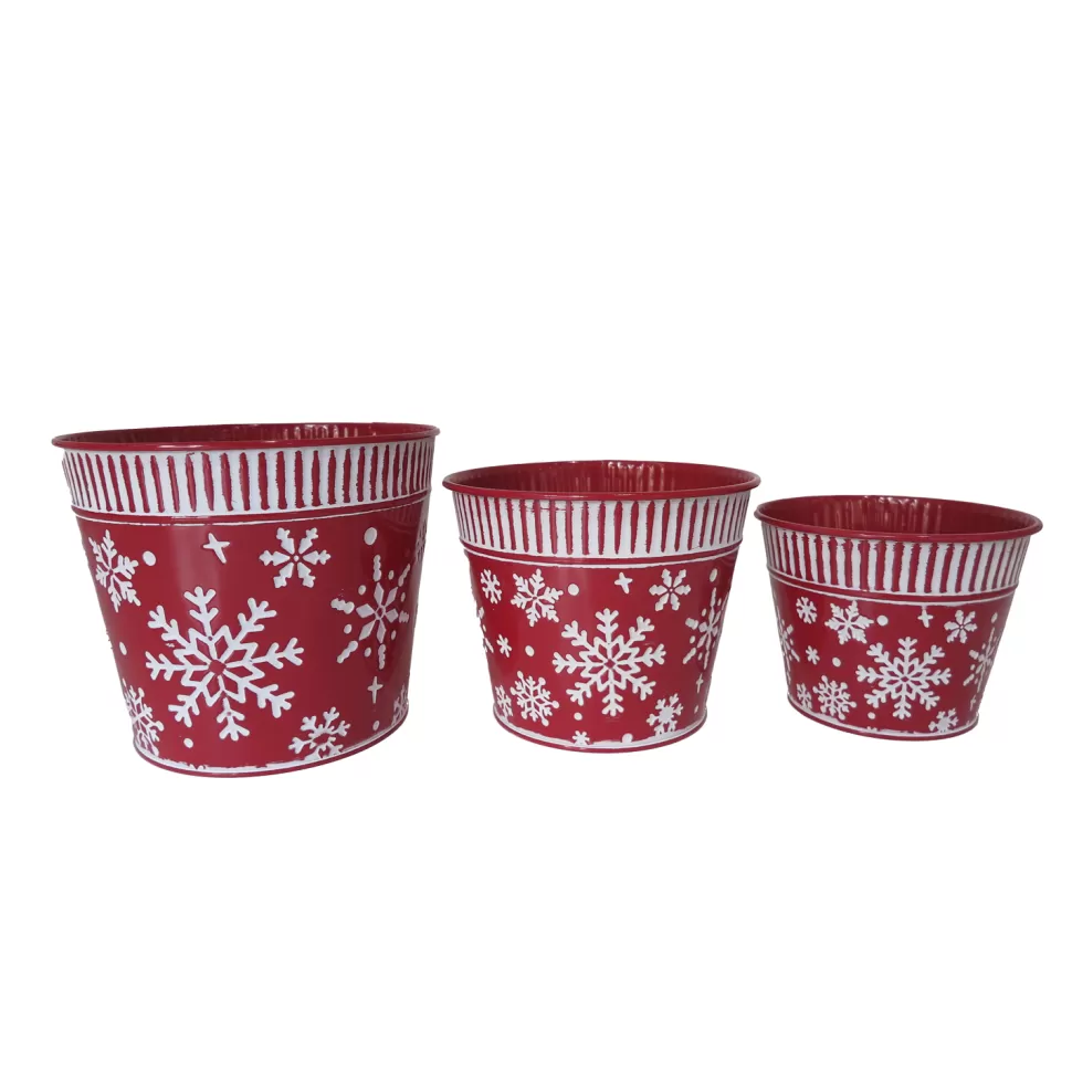 Christmas Forever METAL POT W/ SNOWFLAKES RED/WHT 4.2″ | 5.1″ | 6” 3PC SET