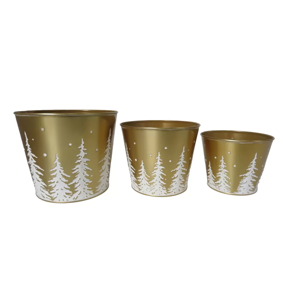 Christmas Forever METAL POT W/ TREE GOLD/WHT 4.2″ | 5.1″ | 6” 3PC SET