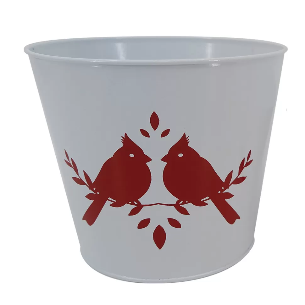 Christmas Forever METAL POT WHITE WITH RED CARDINALS 6″