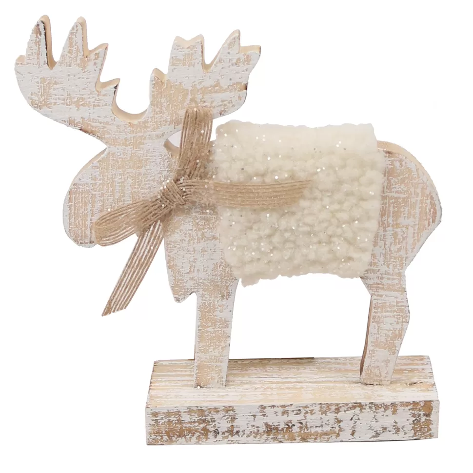 Christmas Forever MOOSE IVORY SHERPA 7.5″ NATURAL W/ WOOD BASE & BOW
