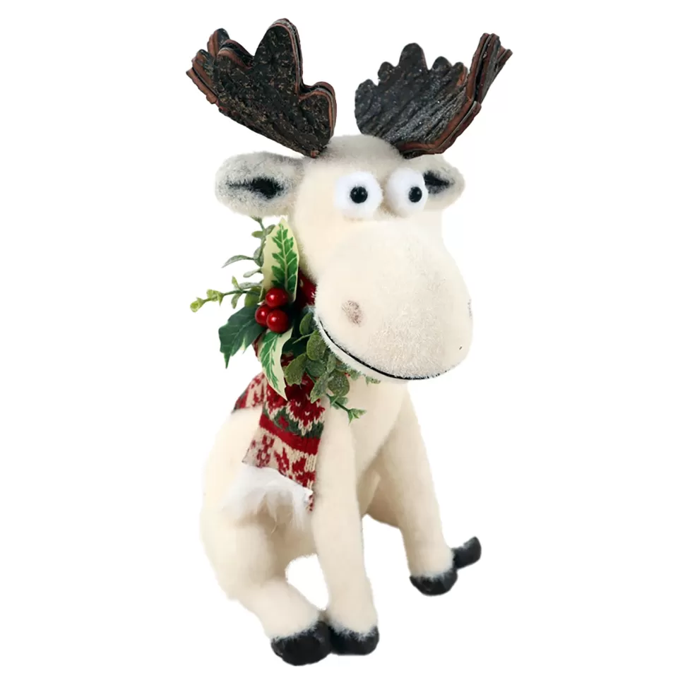 Christmas Forever MOOSE W/ NORDIC SCARF, HOLLY & BERRIES 12″ WHT/GREEN/RED