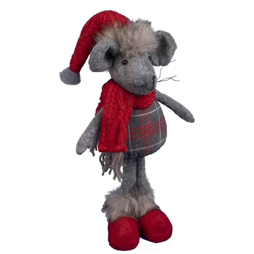 Christmas Forever MOUSE PLUSH STANDING 11″ GRAY FELT W/ PLAID SHIRT & RED KNITTED SCARF & HAT