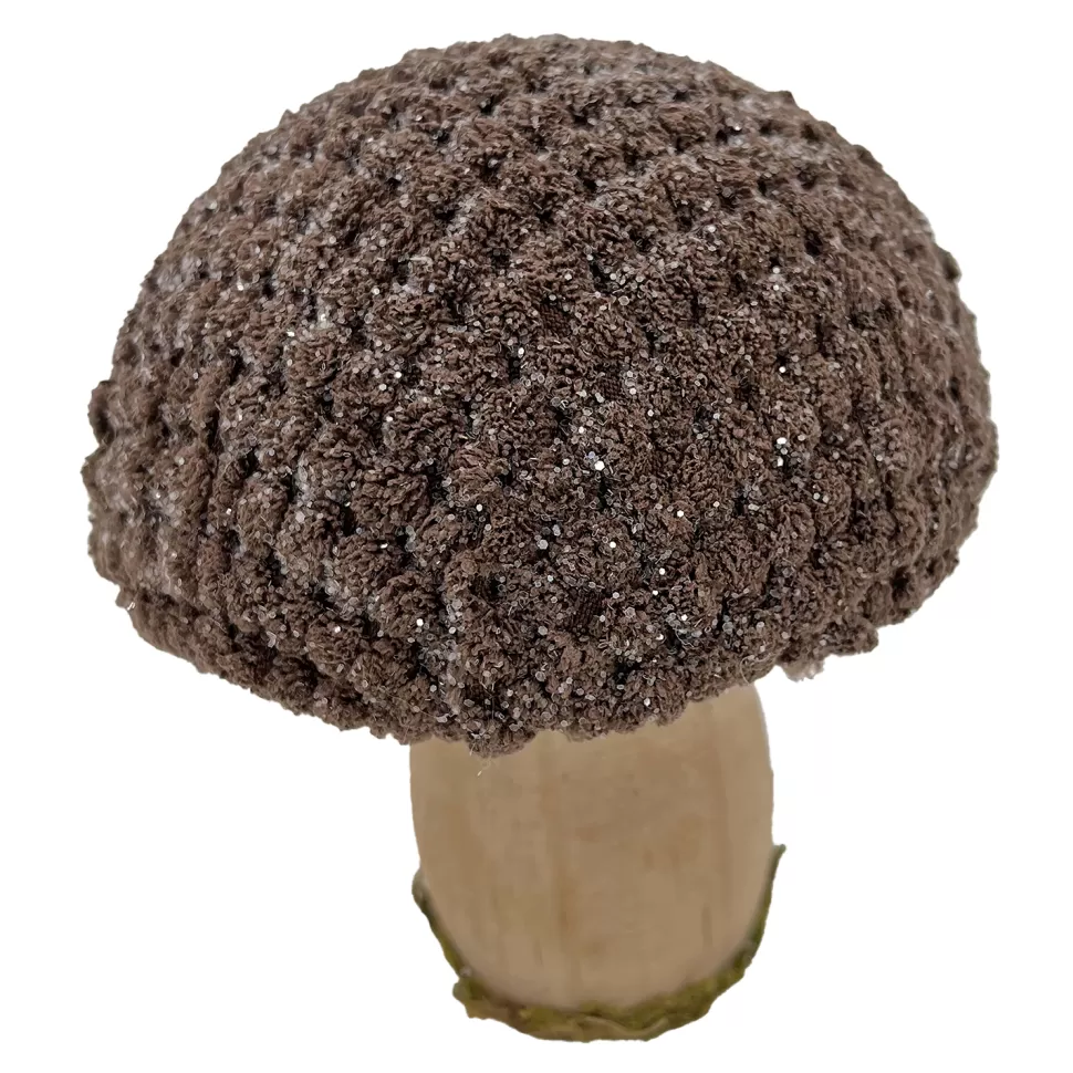 Christmas Forever MUSHROOM WOODEN BODY | FABRIC CAP BROWN/NATURAL 4″ GLITTER/FROSTED