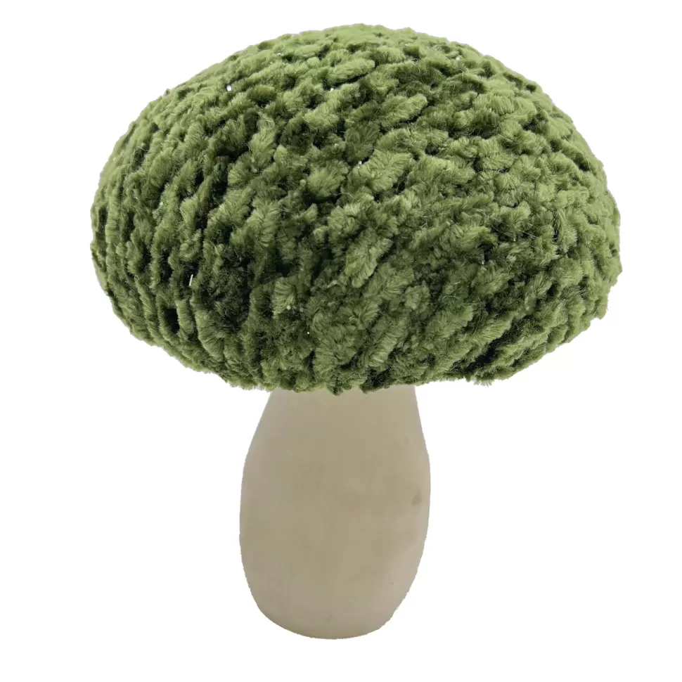 Christmas Forever MUSHROOM WOODEN BODY | FABRIC CAP GREEN/NATURAL 4.5″ GLITTER/FROSTED
