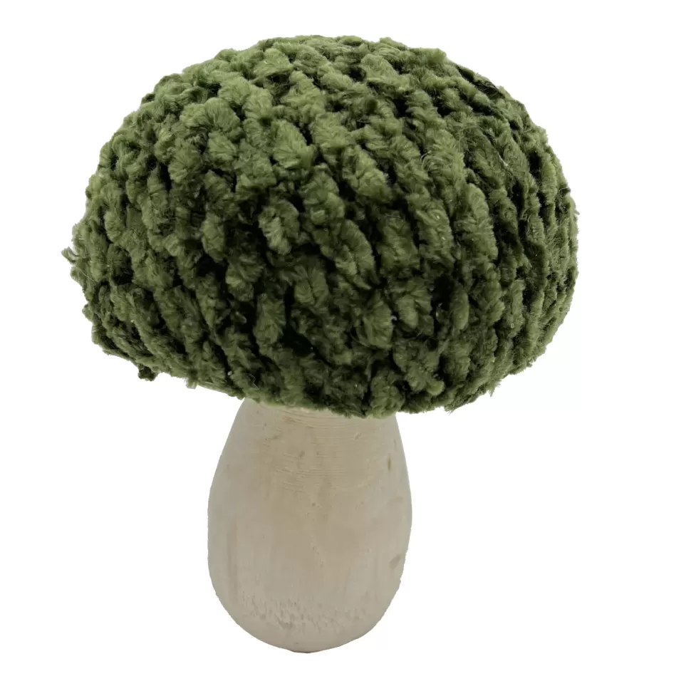 Christmas Forever MUSHROOM WOODEN BODY | FABRIC CAP GREEN/NATURAL 4″ GLITTER/FROSTED