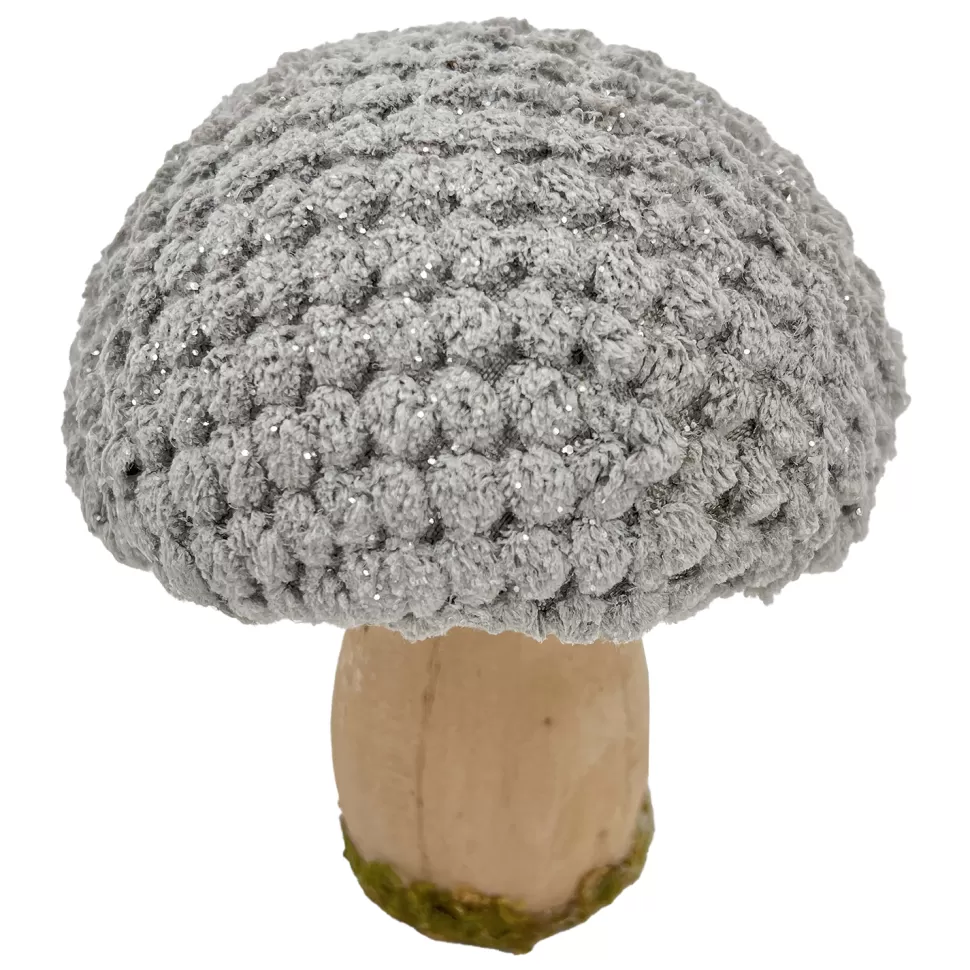 Christmas Forever MUSHROOM WOODEN BODY | FABRIC CAP GREY/NATURAL 3″ GLITTER/FROSTED
